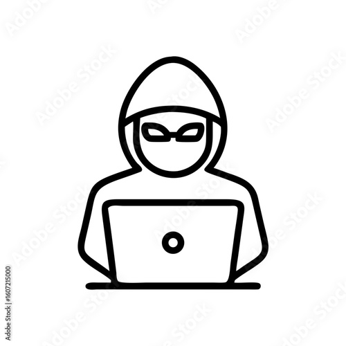 Minimalist black outline vector icon of an anonymous hacker working on a laptop, symbolizing cybersecurity, data breach, and digital threats. Isolated on a transparent background