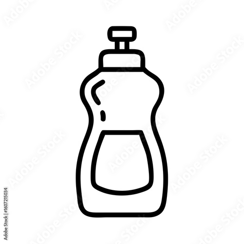 Minimalist black outline vector icon of a dish soap bottle, symbolizing cleaning, hygiene, and household care. Isolated on a transparent background
