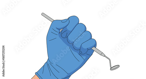 Dentist hand holding dental mirror and probe for examination and treatment procedures