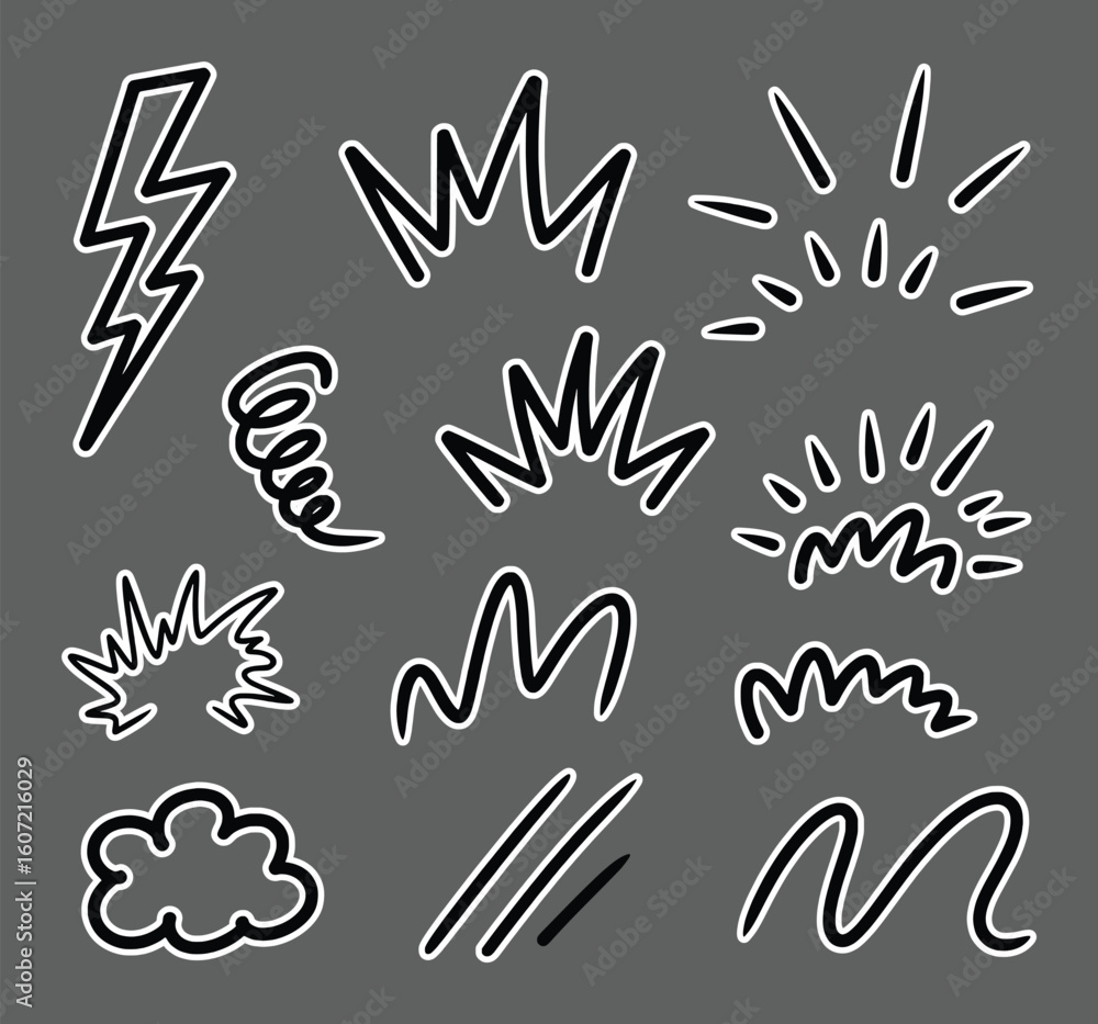 Obraz premium Black hand drawn abstract shapes and symbols bolt cartoon collection vector silhouette