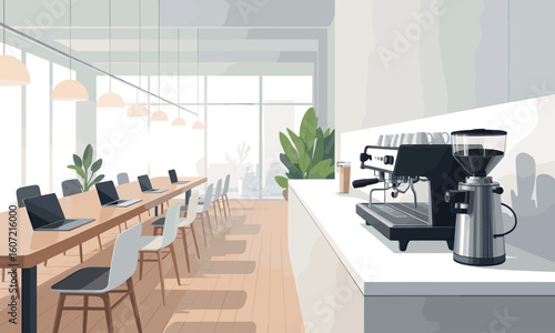 Modern office meeting room with laptops and a professional espresso machine ready for a productive workday