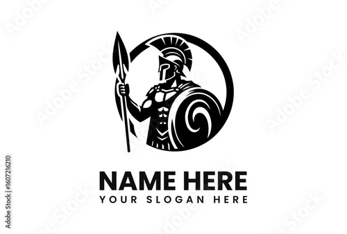 Spartan Warrior Silhouette with Spear and Shield in Circular Emblem.