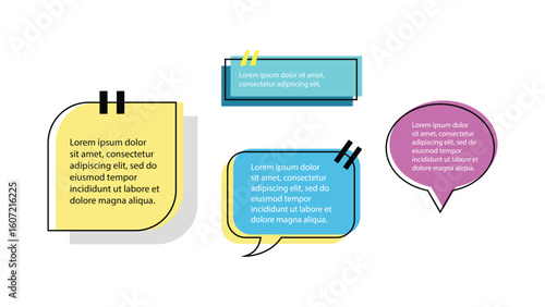 Five stylized speech bubblestext boxes yellow blue purple with  text and quotation marks on a white background
