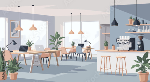 Modern coworking space buzzing with collaborative energy and stylish design featuring ample natural light and a professional coffee station