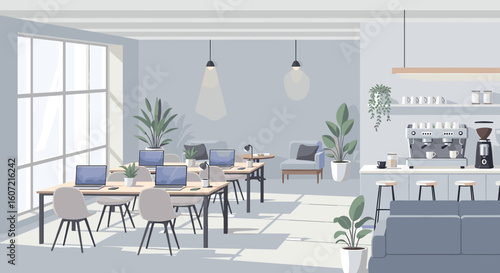 Modern coworking space with laptops and coffee station, bright natural light, promoting productivity and collaboration