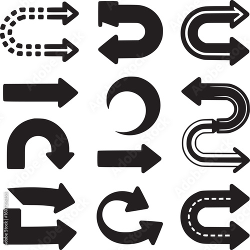 Collection of black arrow vector design elements for navigation direction and user interface design