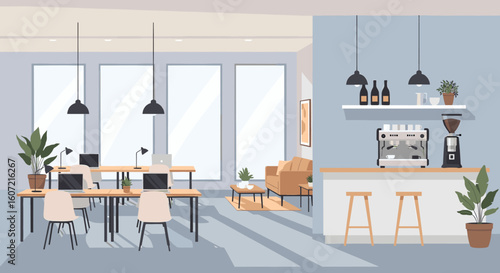 Modern co-working space with coffee bar and bright natural light creates an inviting, productive atmosphere for collaboration and focus.