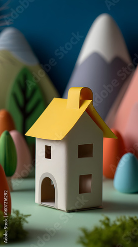 Colorful paper houses surrounded by greenery represent creativity and imagination in a whimsical environment