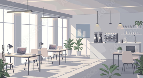 Inspiring modern coworking space bathed in sunlight, featuring laptops, plants, and a sleek coffee bar for productive collaboration