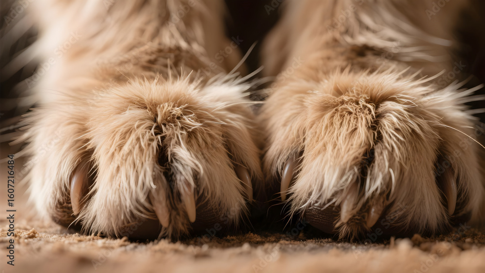 Obraz premium Close-up of a Golden Retriever's two legs and paws, showing their fur and color. The paws are thickly furred and appear soft. The claws are clearly visible.