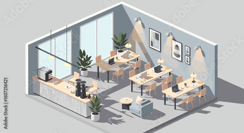 Modern coworking space with natural light, coffee bar, and comfortable seating for productive work and collaboration