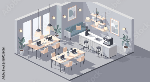Modern co-working space with sleek desks, comfortable seating, and a stylish coffee bar, fostering productivity and collaboration.