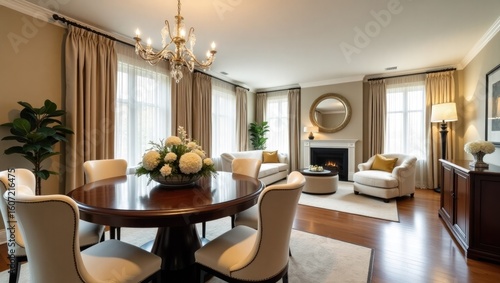 Elegant dining room featuring a round wooden table with chairs a fireplace and luxurious draperies creating a sophisticated and inviting atmosphere