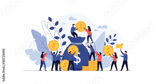 Teamwork concept people working together contributing to financial growth and wealth accumulation