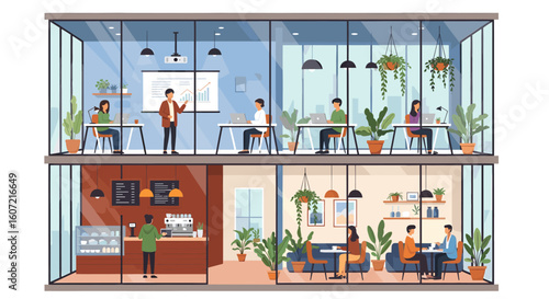 Diverse professionals collaborate and work in a modern, bright office with a stylish cafe area, fostering productivity and teamwork.