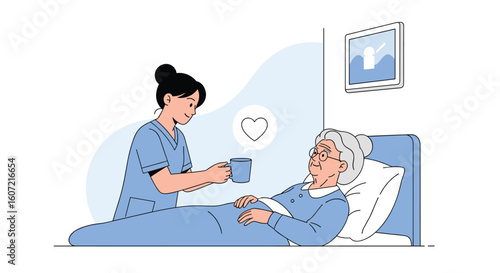 Compassionate caregiver assisting elderly patient with hydration and comfort in a homelike setting