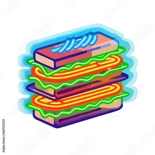 Vibrant neon sandwich illustration with layers of ingredients