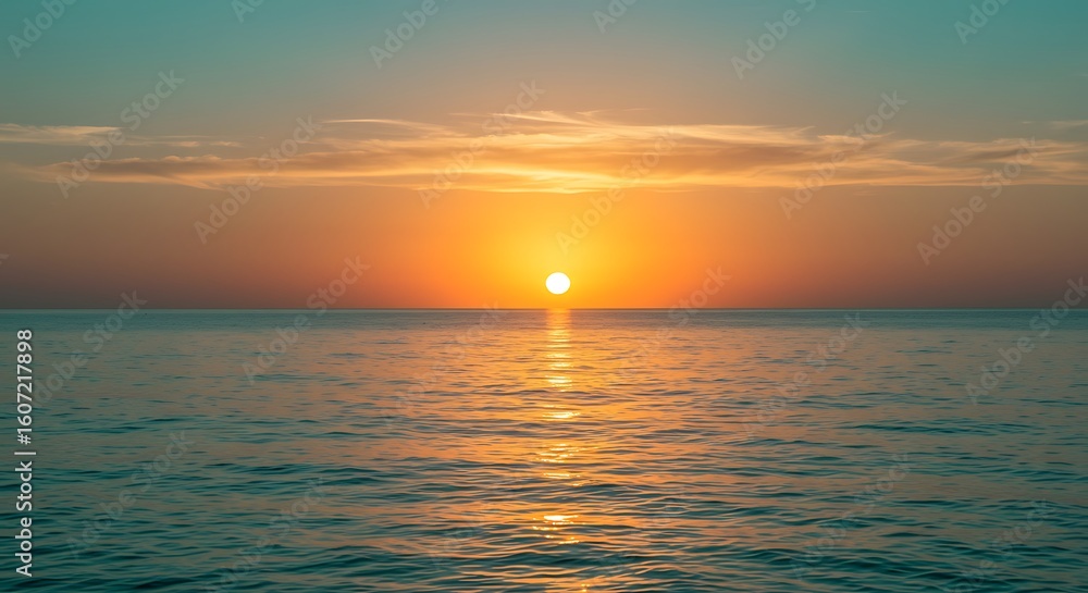 Fototapeta premium Bright sun setting over calm ocean water with orange and teal sky sunset