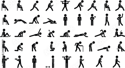 Fitness exercise icons, workout stick figures, gym training illustrations, physical therapy activities, strength training pictograms, health and wellness symbols, mobility workout set