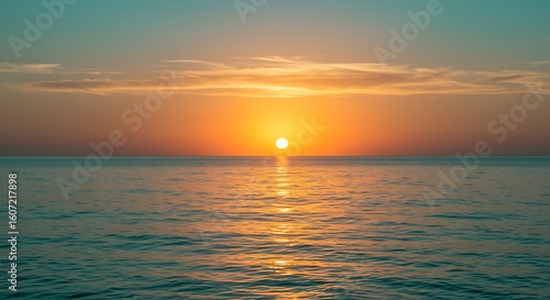 Bright sun setting over calm ocean water with orange and teal sky sunset