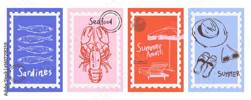 Vintage travel stamp illustration set with hand drawn sardines, lobster, summer beach scene, vacation outfit. Mediterranean summer print. Amalfi poster art.