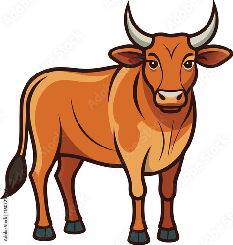 Adorable Cartoon Bull, Brown and Orange, Farm Animal Illustration, Vector Graphic for Design Projects and Branding