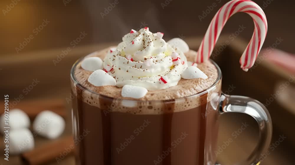 Warm festive hot chocolate with whipped cream and candy