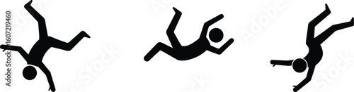 Silhouette figures falling, black icons on white background, vector art of people falling, abstract falling motion, isolated graphic, safety hazard concept image