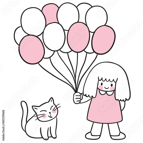 Cartoon of Girl with Cat and Balloons