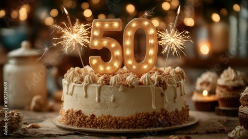 Celebration Cake with Gold Number 50 Candles and Sparklers for Anniversary or Milestone Event