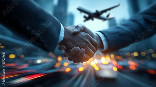 Businessmen Shaking Hands in Urban Airport with Airplane Flying Over Cityscape