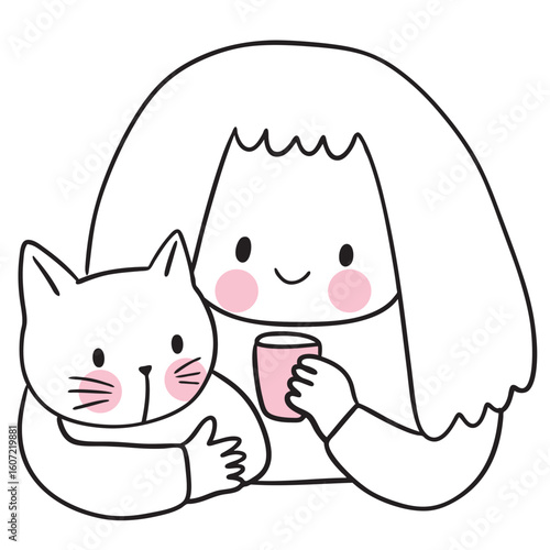 Line Art Illustration of Girl with Cat