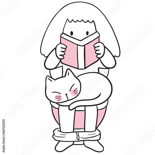 Girl Reading Book on Toilet with Cat