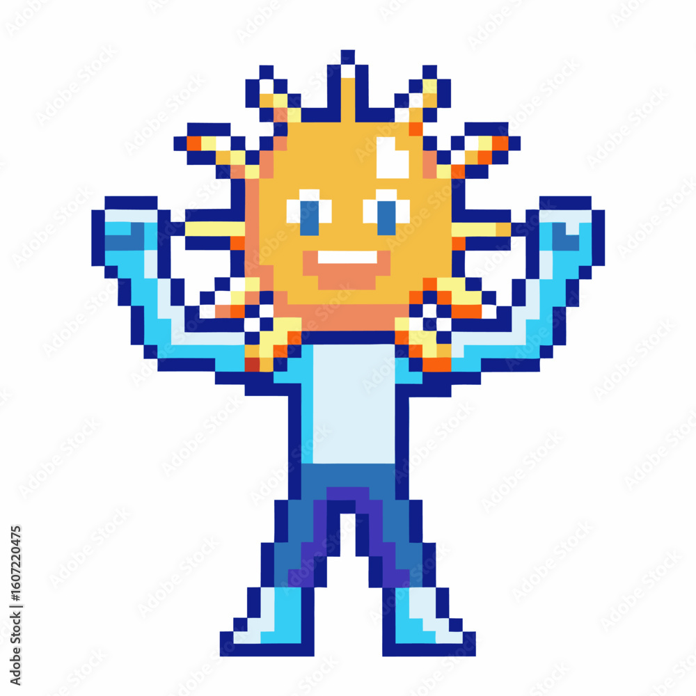 Fototapeta premium Pixel art cheerful sun character flexing arms animated sunny mascot, retro video game style, happiness, energy symbol