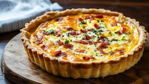 Baked savory tart with flaky crust, bacon, and cheese