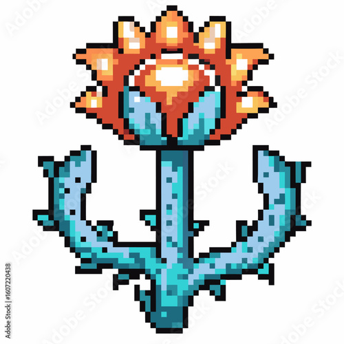 Pixel art fantasy plant with glowing red and yellow flower, blue thorny stem digital retro gaming nature design asset