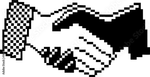 Pixel handshake agreement retro digital hands shaking, black and white pixel art, collaboration, partnership, vintage graphic