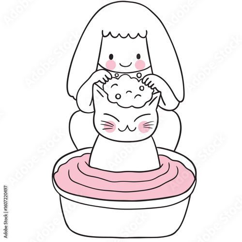 Cartoon Girl Giving Cat a Bath
