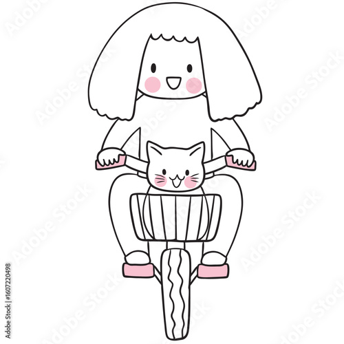 Illustration of Girl with Cat on Bicycle