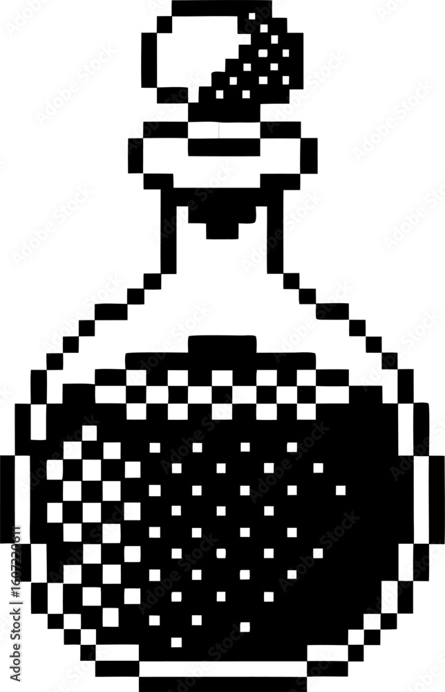 Fototapeta premium Pixel art potion bottle with cork stopper, retro 8 bit game asset vintage fantasy elixir container, black and white pixel design