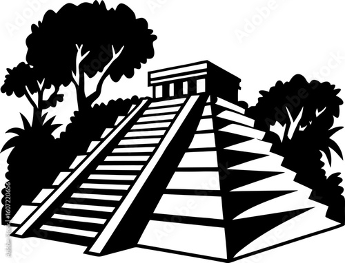 Ancient pyramid temple with steep stairs and tropical trees mesoamerican architecture, historical monument, jungle landscape