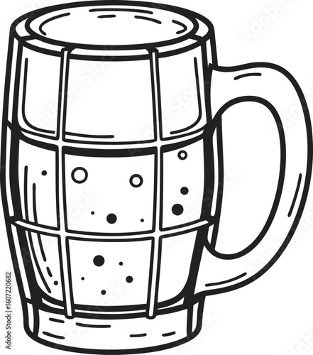 Classic beer mug illustration with handle, filled with fizzy beverage vintage hand drawn glass stein, bar or pub drink concept