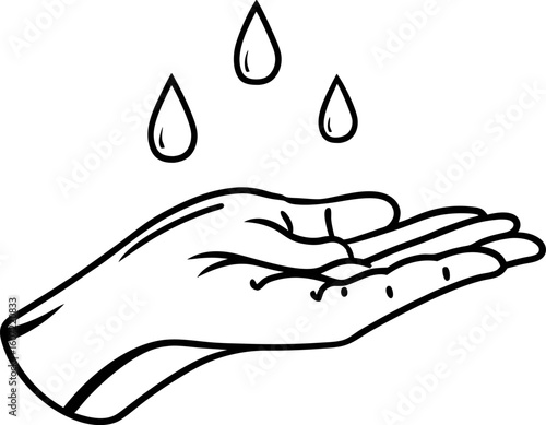 Open hand receiving water drops line art illustration symbolizing care, hygiene, conservation, hydration, health and cleanliness