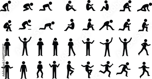 Silhouette stick figure man poses, human movement illustration, walking running jumping standing sitting crawling postures, black pictogram icon set, vector body action positions collection
