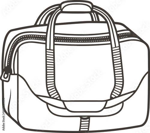 Travel duffel bag outline hand drawn luggage illustration, unisex accessory for gym, trips, carry on and weekend journeys