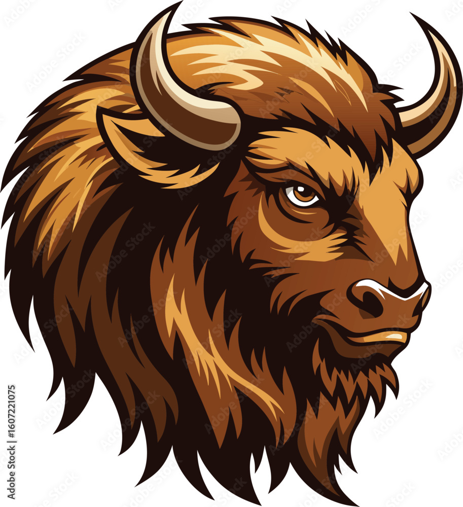 Fototapeta premium Majestic Bison Head, Wild Animal Portrait, Brown Fur, Powerful Horns, Nature Illustration, Vector Graphic, Mascot Design, Wildlife Art, Strong...