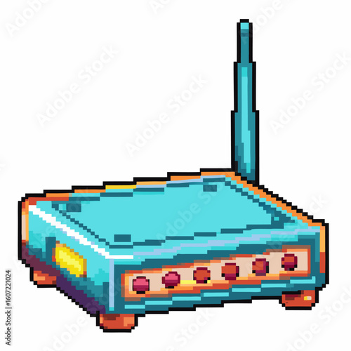 Pixel art wireless internet router with antenna retro gaming wifi device, technology communication equipment