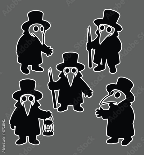 Five plague doctor figures wearing masks and hats bird