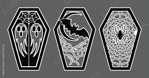 Halloween coffin icons with ghosts bat moon spider web vector set