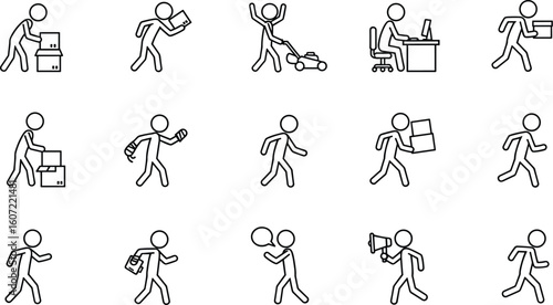 Stick figure icons showing various work activities, communication, teamwork, delivery, business tasks, office work, moving boxes, running, speaking, with bold lines and minimal design